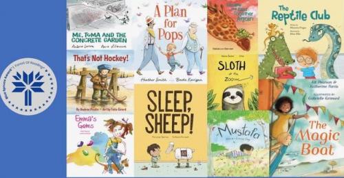 Blue Spruce Award poster featuring 10 Blue Spruce nominated book covers
