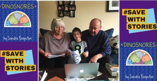 cover of the book Dinosnores, #SavewithStories icon, grandma, grandpa and child looking at computer
