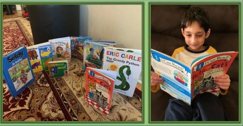 boy reading Pete the Cat & a selection of picture books on a carpet